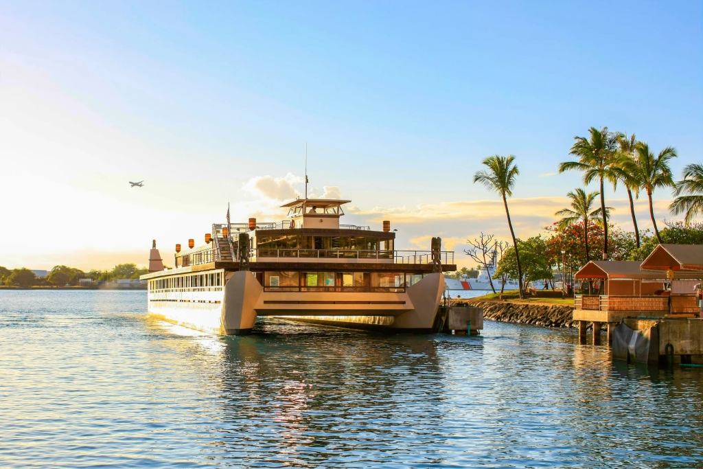 Catamaran approaching pier at Honolulu Harbor, Hawaii